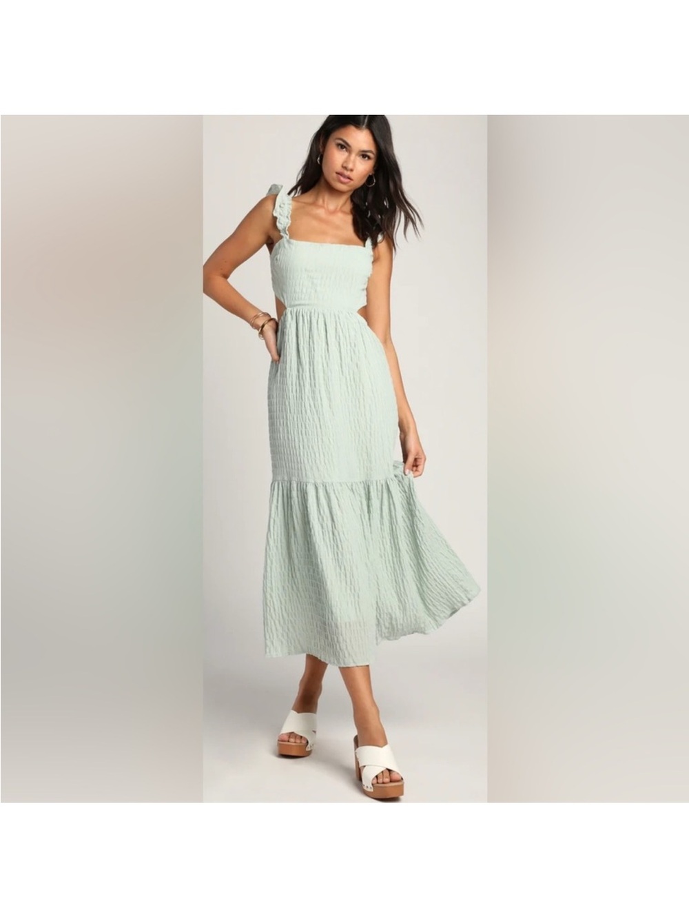 NWT LUSH Dreamiest Darling Mint Smocked Tie-Back Tiered Midi Dress